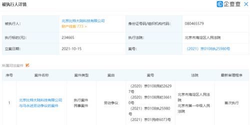 比特大陸公司新增被執行人信息，執行標的為23萬元
